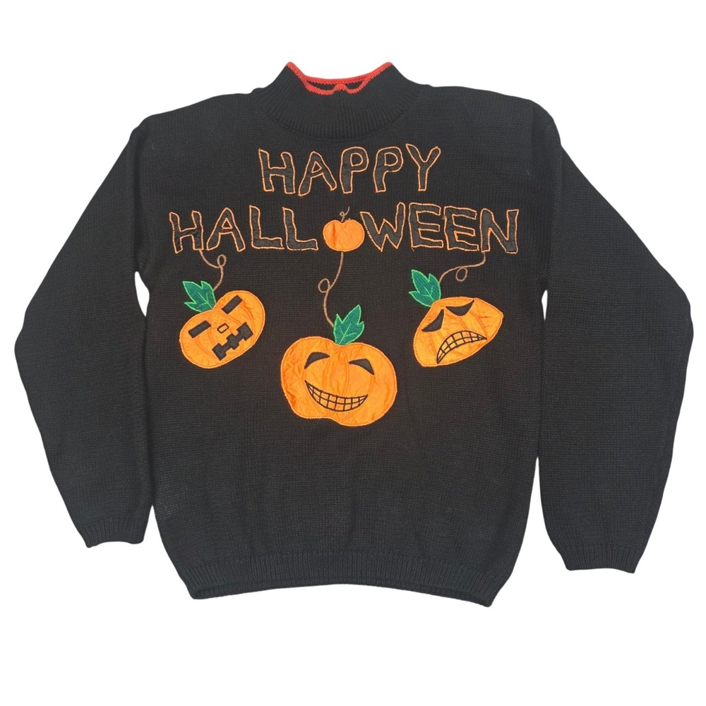 Vtg Shenanigans Sweater Women S Black Happy Halloween‎ Pumpkin Festive Kitschy